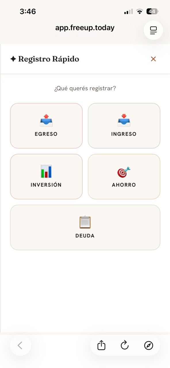 Menú de registro rápido de FreeUp para cargar egresos, ingresos, inversiones, ahorros y deudas