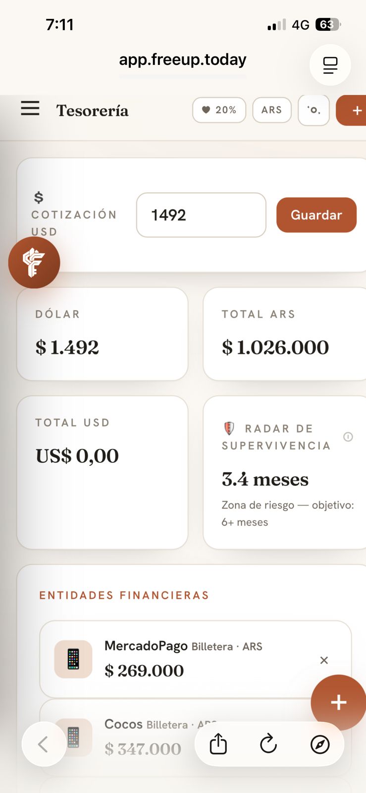 Tesorería de FreeUp con la cotización del dólar en vivo y el Radar de Supervivencia