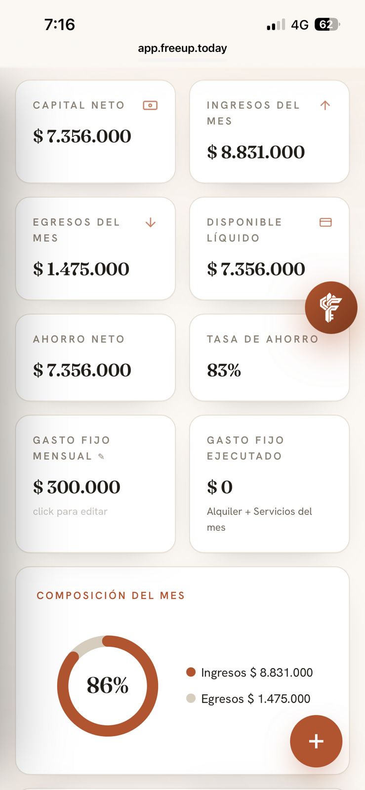 Dashboard de FreeUp con capital neto, ingresos, egresos y tasa de ahorro