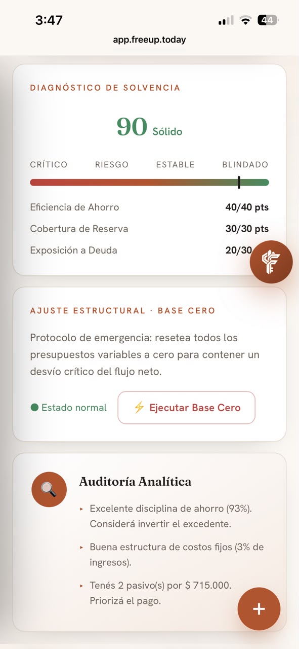 Diagnóstico de solvencia de FreeUp con score 90 y auditoría analítica